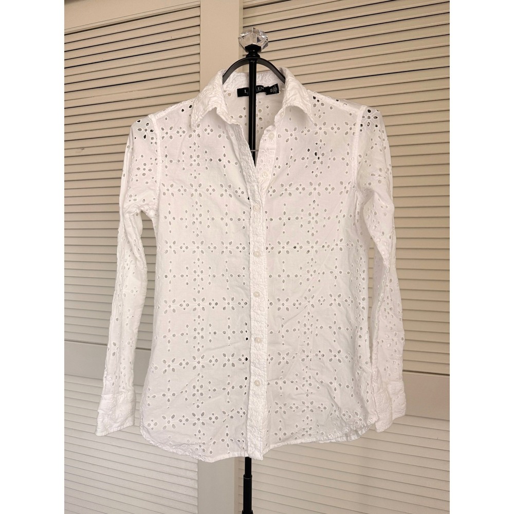 Lauren Ralph Lauren White Eyelet Cotton Button Down Shirt XS Long Sleeve Top